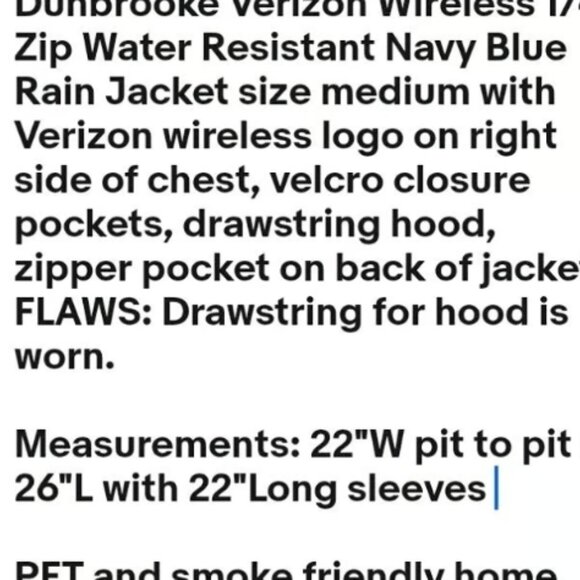 Verizon Wireless Blue 1/4 Zip Up Medium Rain Windbreaker Hooded Jacket Dunbrooke - Picture 2 of 11